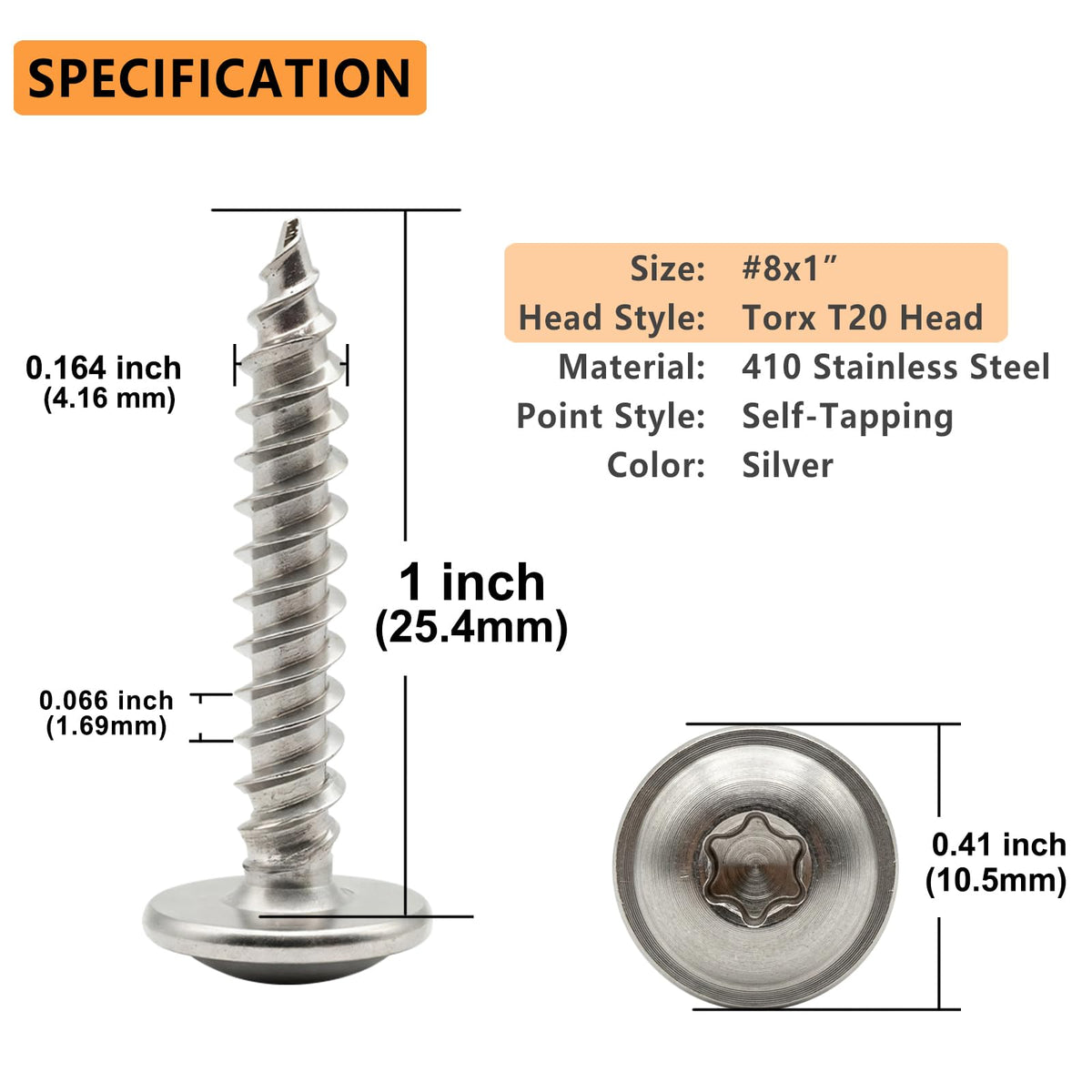 T20 Torx Wood Screws in 410 Stainless Steel