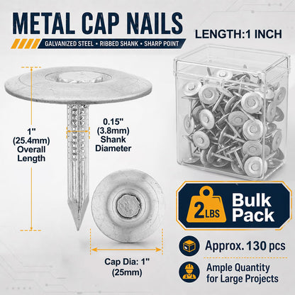 Moxweyeni 2 Pounds 1'' Metal Cap Nail Bulk Round Fluted Masonry Roofing Insulation Nail Heavy Duty Cement Steel for House Wall Wrap Fastening Foam Board Flashing Roofing Felt Insulation Film