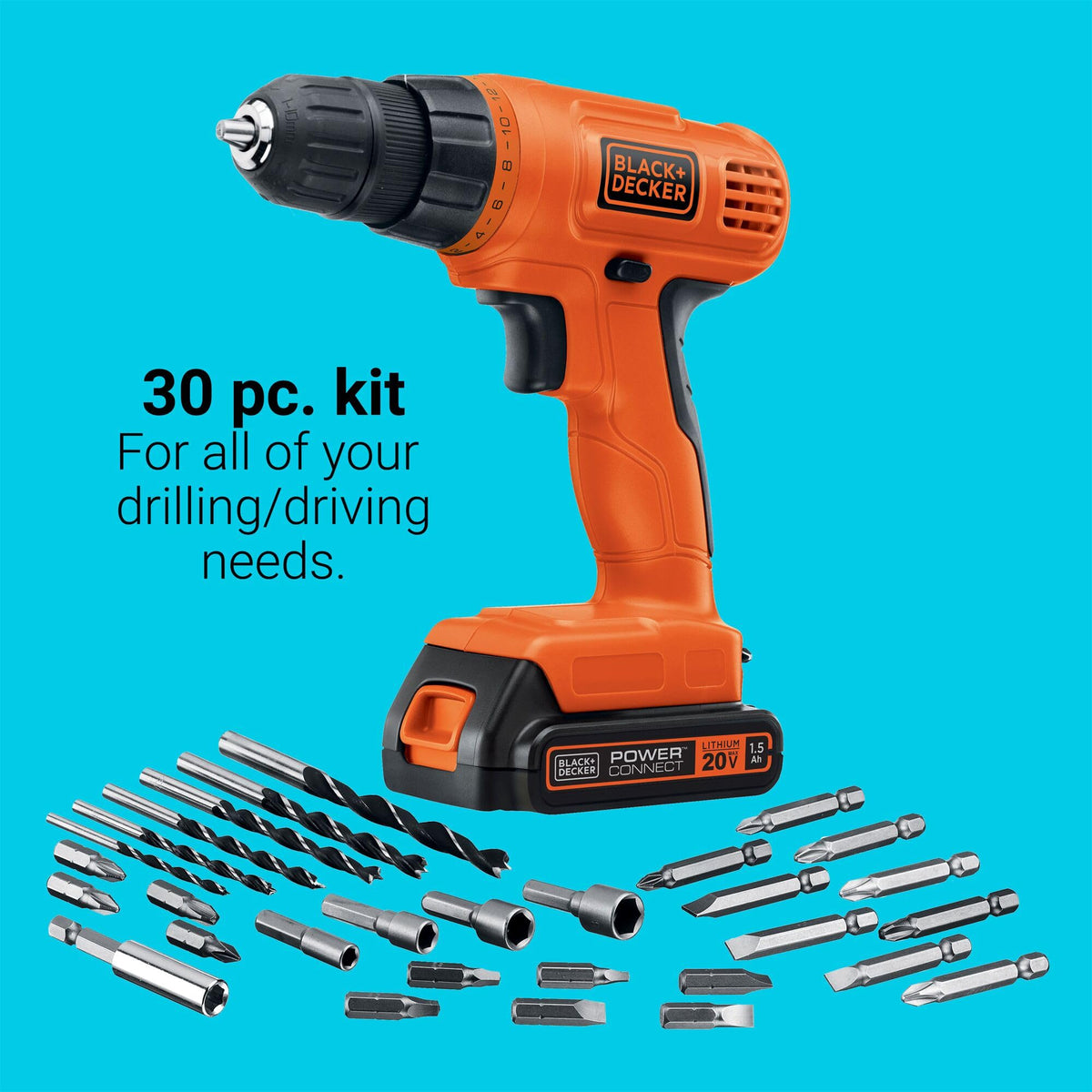 BLACK+DECKER 20V MAX Cordless Drill – 30-Piece Kit
